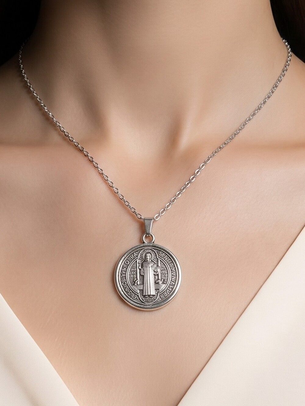 Silver St. Benedict Medal Necklace Stainless Steel Catholic Protection Pendant